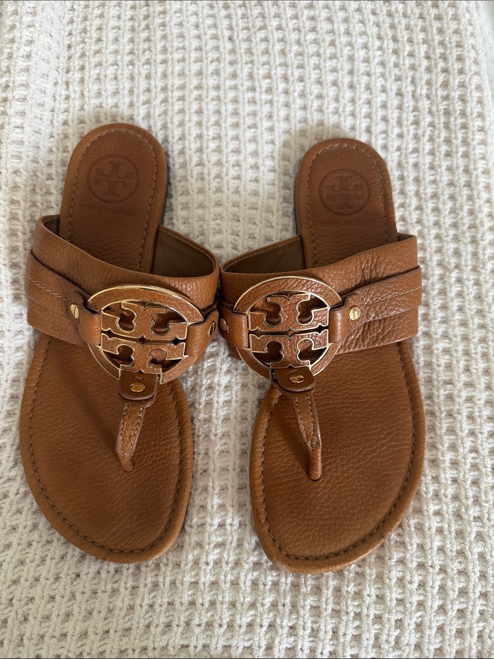 Tory Burch Brown Leather Logo Thong Sandals